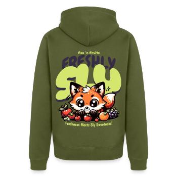Süßer Kawaii Fuchs mit Früchten - Unisex Premium Bio Zip Hoodie - Khaki - Hinten - Nico (187cm)