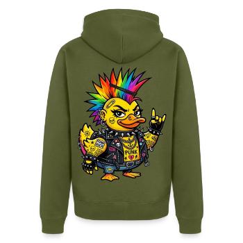 Punk-Gummiente mit Regenbogen Irokesenschnitt - Unisex Premium Bio Zip Hoodie - Khaki - Hinten - Nico (187cm)