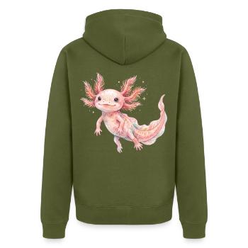 Mignon bébé axolotl rose en style aquarelle - Veste à capuche bio Premium Unisexe - kaki - Dos - Nico (187cm)