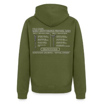 Wurstorientierungsprotokoll Graphic - Unisex Premium Bio Zip Hoodie - Khaki - Hinten - Nico (187cm)