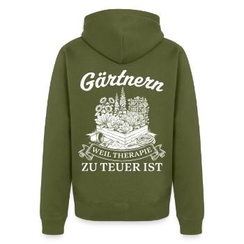 Gärtnern Weil Therapie zu teuer ist - Unisex Premium Bio Zip Hoodie - Khaki - Hinten - Nico (187cm)
