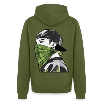 Bandana vert et casquette streetwear - Veste à capuche bio Premium Unisexe - kaki - Dos - Nico (187cm)