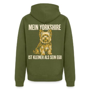Mein Yorkshire ist kleiner als sein Ego - Unisex Premium Bio Zip Hoodie - Khaki - Hinten - Nico (187cm)