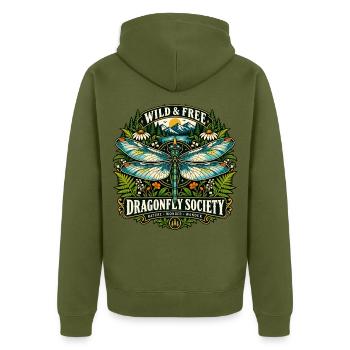 Dragonfly Libelle Natur Geschenk Botanical Design - Unisex Premium Bio Zip Hoodie - Khaki - Hinten - Nico (187cm)