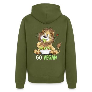 Go Vegan Lustiger Löwe | Veganer Geschenk - Unisex Premium Bio Zip Hoodie - Khaki - Hinten - Nico (187cm)