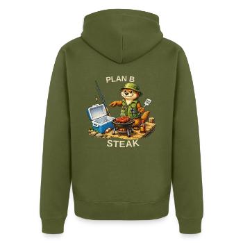 Lustiges Anglermotiv – Plan B Steak - Unisex Premium Bio Zip Hoodie - Khaki - Hinten - Nico (187cm)