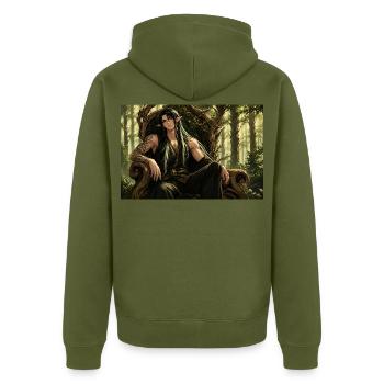 Waldfürst des Schattenwaldes - Unisex Premium Bio Zip Hoodie - Khaki - Hinten - Nico (187cm)