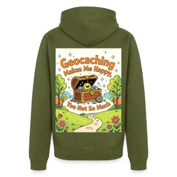 Geocaching von Schätzen macht mich glücklich - Unisex Premium Bio Zip Hoodie - Khaki - Hinten - Nico (187cm)