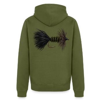 Wooly Bugger Streamer - Unisex Premium Bio Zip Hoodie - Khaki - Hinten - Nico (187cm)