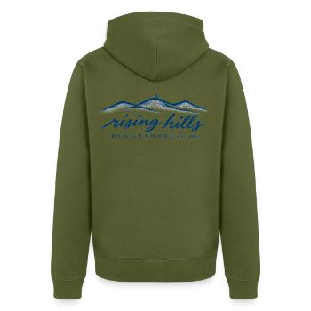 Deggendorf-Shirt rising hills Dreitannenriegel - Unisex Premium Bio Zip Hoodie - Khaki - Hinten - Nico (187cm)