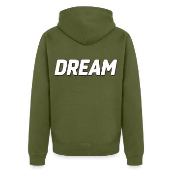 Dream Bold Typografie-Kunst - Unisex Premium Bio Zip Hoodie - Khaki - Hinten - Nico (187cm)