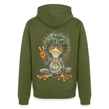 Aquarelle : Grenouille hippie avec le signe de paix - Veste à capuche bio Premium Unisexe - kaki - Dos - Nico (187cm)