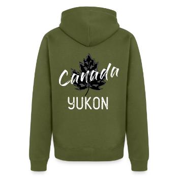 Vintage Yukon Kanada Shirt mit Ahornblatt Look - Unisex Premium Bio Zip Hoodie - Khaki - Hinten - Nico (187cm)