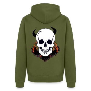Teufel Schädel Fegefeuer Hölle Satan teuflisch Tod - Unisex Premium Bio Zip Hoodie - Khaki - Hinten - Nico (187cm)