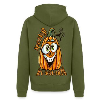 Spooky? Ich doch nicht – Lustiger Kürbis - Unisex Premium Bio Zip Hoodie - Khaki - Hinten - Nico (187cm)