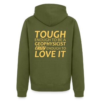Geophysicist Crazy Geophysics - Unisex Premium Bio Zip Hoodie - Khaki - Hinten - Nico (187cm)