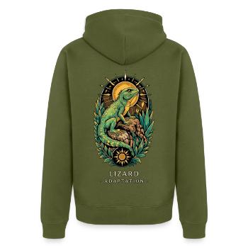 TOTEM LIZARD Adaption - Unisex Premium Bio Zip Hoodie - Khaki - Hinten - Nico (187cm)