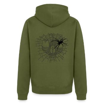 Halloween Spinngewebe in Skull-Form mit Spinne - Unisex Premium Bio Zip Hoodie - Khaki - Hinten - Nico (187cm)