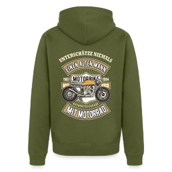 Rentner - Alter Mann Motorrad Motorradfahrer - Unisex Premium Bio Zip Hoodie - Khaki - Hinten - Nico (187cm)