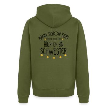 Schwester - Unisex Premium Bio Zip Hoodie - Khaki - Hinten - Nico (187cm)