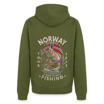 NORWAY FISHING - Dyrøya - 2025 - Unisex Premium Bio Zip Hoodie - Khaki - Hinten - Nico (187cm)