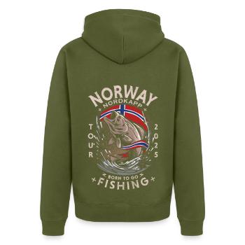 NORWAY FISHING - Nordkapp - 2025 - Unisex Premium Bio Zip Hoodie - Khaki - Hinten - Nico (187cm)