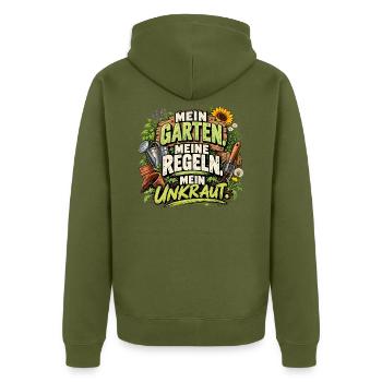 Mein Garten. Meine Regeln. Mein Unkraut. - Unisex Premium Bio Zip Hoodie - Khaki - Hinten - Nico (187cm)