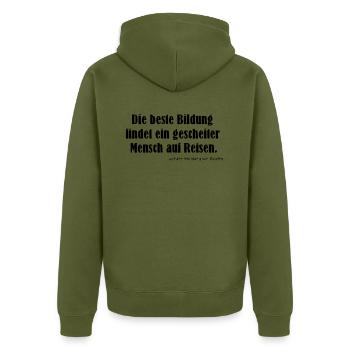 Beste Bildung - Reisen - Unisex Premium Bio Zip Hoodie - Khaki - Hinten - Nico (187cm)