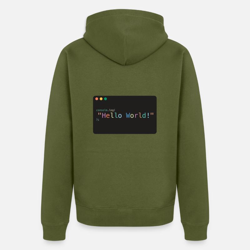 Hello World JavaScript console.log - Unisex Premium Bio Zip Hoodie - Khaki
