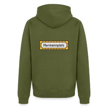 Hermannplatz NEUKÖLLN - Unisex Premium Bio Zip Hoodie - Khaki - Hinten - Nico (187cm)