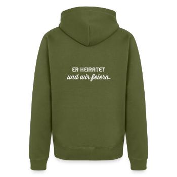 Er heiratet und wir feiern - weiss - Unisex Premium Bio Zip Hoodie - Khaki - Hinten - Nico (187cm)