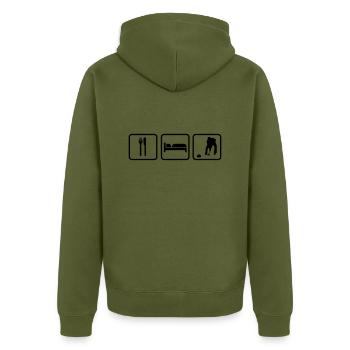 Eat Sleep Curling - Unisex Premium Bio Zip Hoodie - Khaki - Hinten - Nico (187cm)