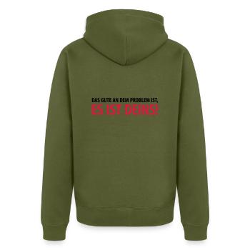 Gut, das Problem ist Deins Aufgabe Herausforderung - Unisex Premium Bio Zip Hoodie - Khaki - Hinten - Nico (187cm)