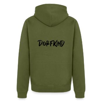 Dorfkind und stolz darauf - Unisex Premium Bio Zip Hoodie - Khaki - Hinten - Nico (187cm)