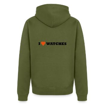 I LOVE WATCHES - Unisex Premium Bio Zip Hoodie - Khaki - Hinten - Nico (187cm)