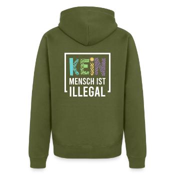 Kein Mensch ist illegal - Unisex Premium Bio Zip Hoodie - Khaki - Hinten - Nico (187cm)