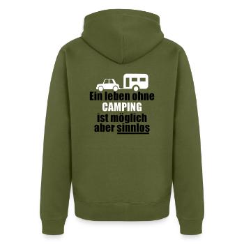 Ein Leben ohne CAMPING Geschenk Geschenkidee - Unisex Premium Bio Zip Hoodie - Khaki - Hinten - Nico (187cm)