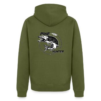 Hecht, Hechtjäger - Unisex Premium Bio Zip Hoodie - Khaki - Hinten - Nico (187cm)