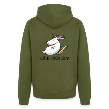Hufen hochlegen - Unisex Premium Bio Zip Hoodie - Khaki - Hinten - Nico (187cm)