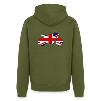 Union Jack Cafe Racer - Unisex Premium Bio Zip Hoodie - Khaki - Hinten - Nico (187cm)