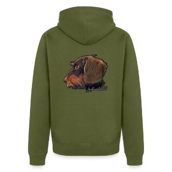 Rauhaardackel mit Schriftzug - Unisex Premium Bio Zip Hoodie - Khaki - Hinten - Nico (187cm)