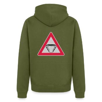 Caution Shield Diaper - Unisex Premium Organic Zip Hoodie - khaki - Back - Nico (187cm)