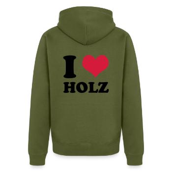 I Love Holz - Unisex Premium Bio Zip Hoodie - Khaki - Hinten - Nico (187cm)