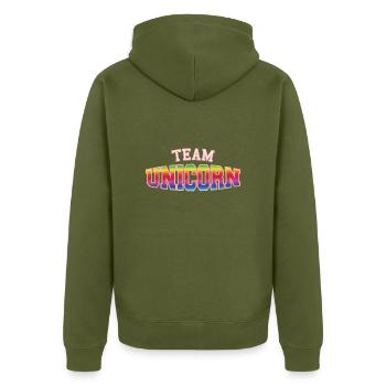 Team-UNICORN - Unisex Premium Bio Zip Hoodie - Khaki - Hinten - Nico (187cm)