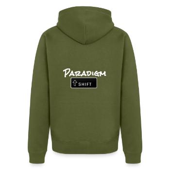 Paradigm Shift - Unisex Premium Organic Zip Hoodie - khaki - Back - Nico (187cm)