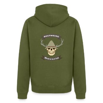 Bayern, Bavaria, Hirsch, Geweih, Totenkopf - Unisex Premium Bio Zip Hoodie - Khaki - Hinten - Nico (187cm)