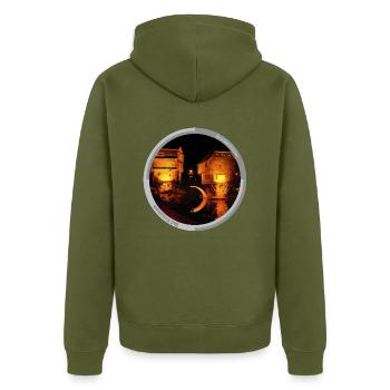 Bad Kreuznach: Brückenhäsuer bei Nacht I - Unisex Premium Bio Zip Hoodie - Khaki - Hinten - Nico (187cm)