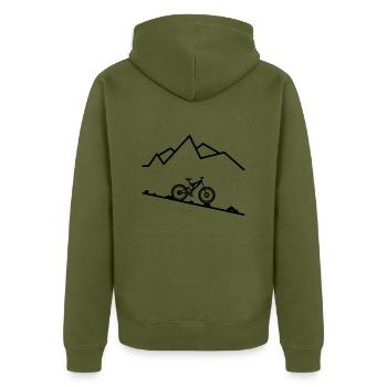 Für Mountain Biker / Geschenkidee - Unisex Premium Bio Zip Hoodie - Khaki - Hinten - Nico (187cm)