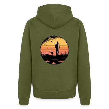 Angler at sea with his fishing rod gift - Unisex Premium Organic Zip Hoodie - khaki - Back - Nico (187cm)