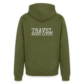 travel - travel means living - Unisex Premium Bio Zip Hoodie - Khaki - Hinten - Nico (187cm)